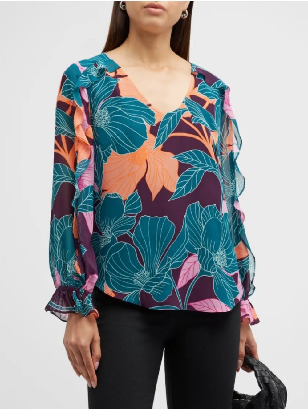 Trina Turk Owl Ruffle-Trim Floral-Print Top